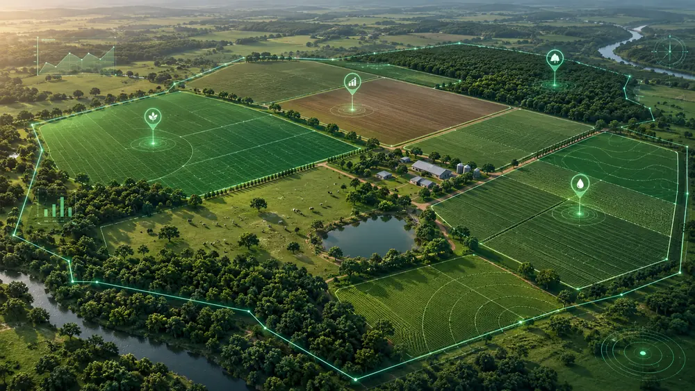Vista aérea de propriedade rural com talhões mapeados para gestão territorial e produtiva